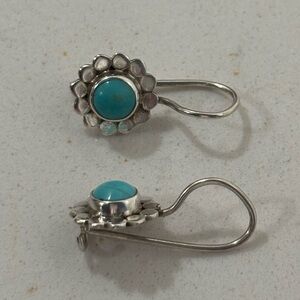 VINTAGE 925 Sterling Silver Turquoise Flower Drop Earrings